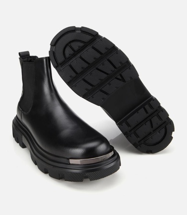 Erkek Deri Siyah Lastik Detaylı Yüksek Tabanlı Chelsea Bot