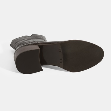  Kadın Kahve Kroko Baskılı Fermuarlı Deri Topuklu Bot