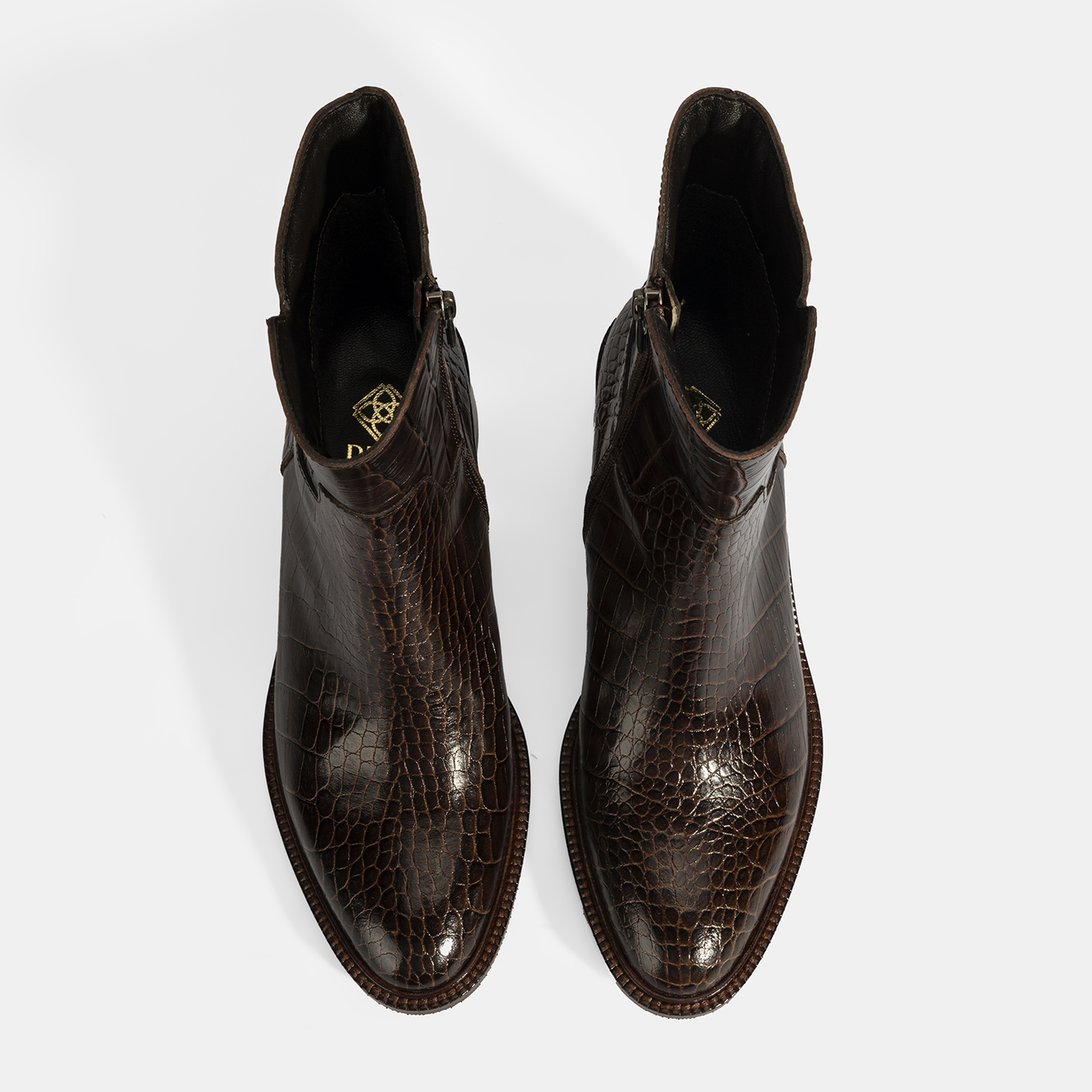 Kadın Kahve Kroko Baskılı Fermuarlı Deri Topuklu Bot