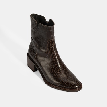  Kadın Kahve Kroko Baskılı Fermuarlı Deri Topuklu Bot