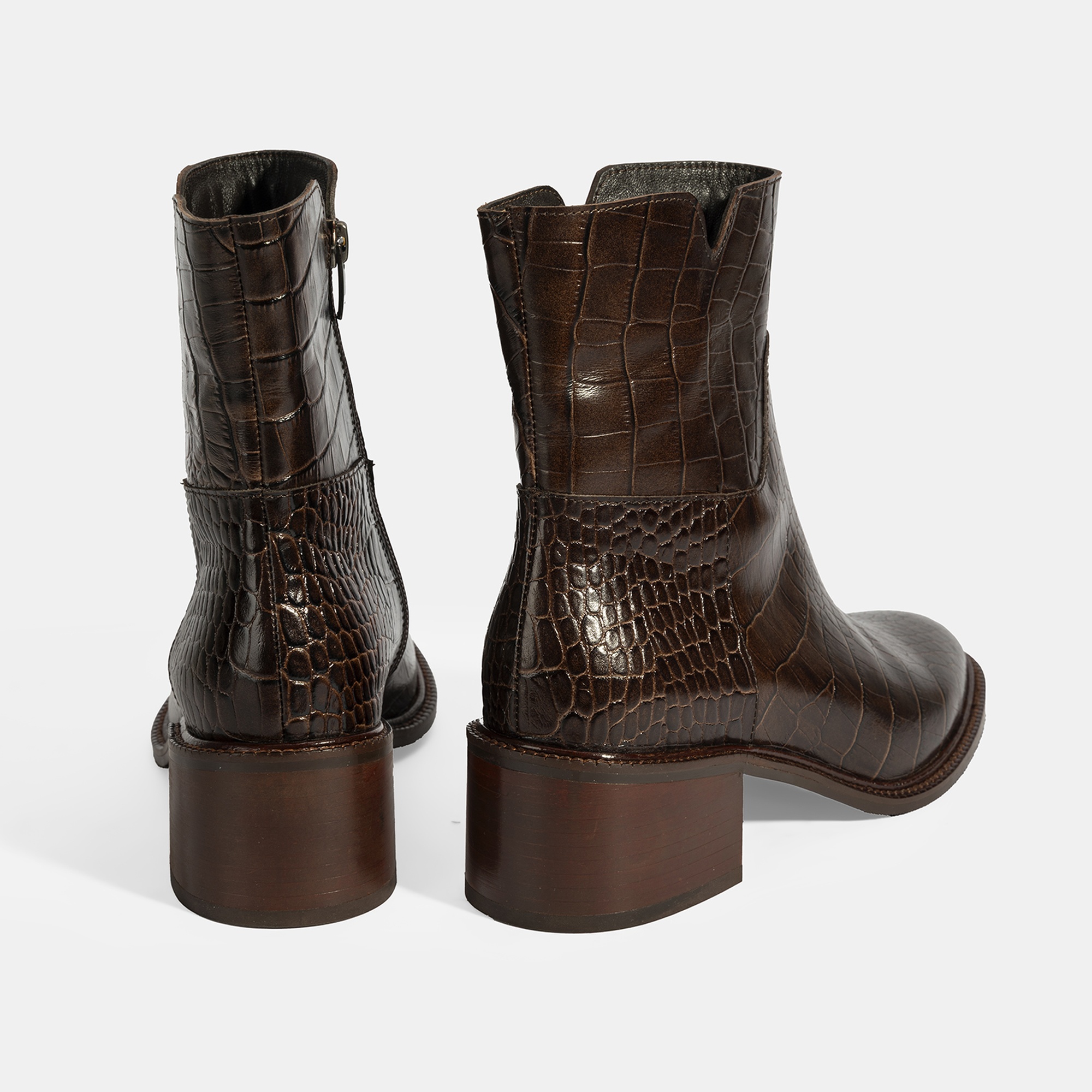Kadın Kahve Kroko Baskılı Fermuarlı Deri Topuklu Bot