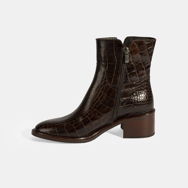  Kadın Kahve Kroko Baskılı Fermuarlı Deri Topuklu Bot