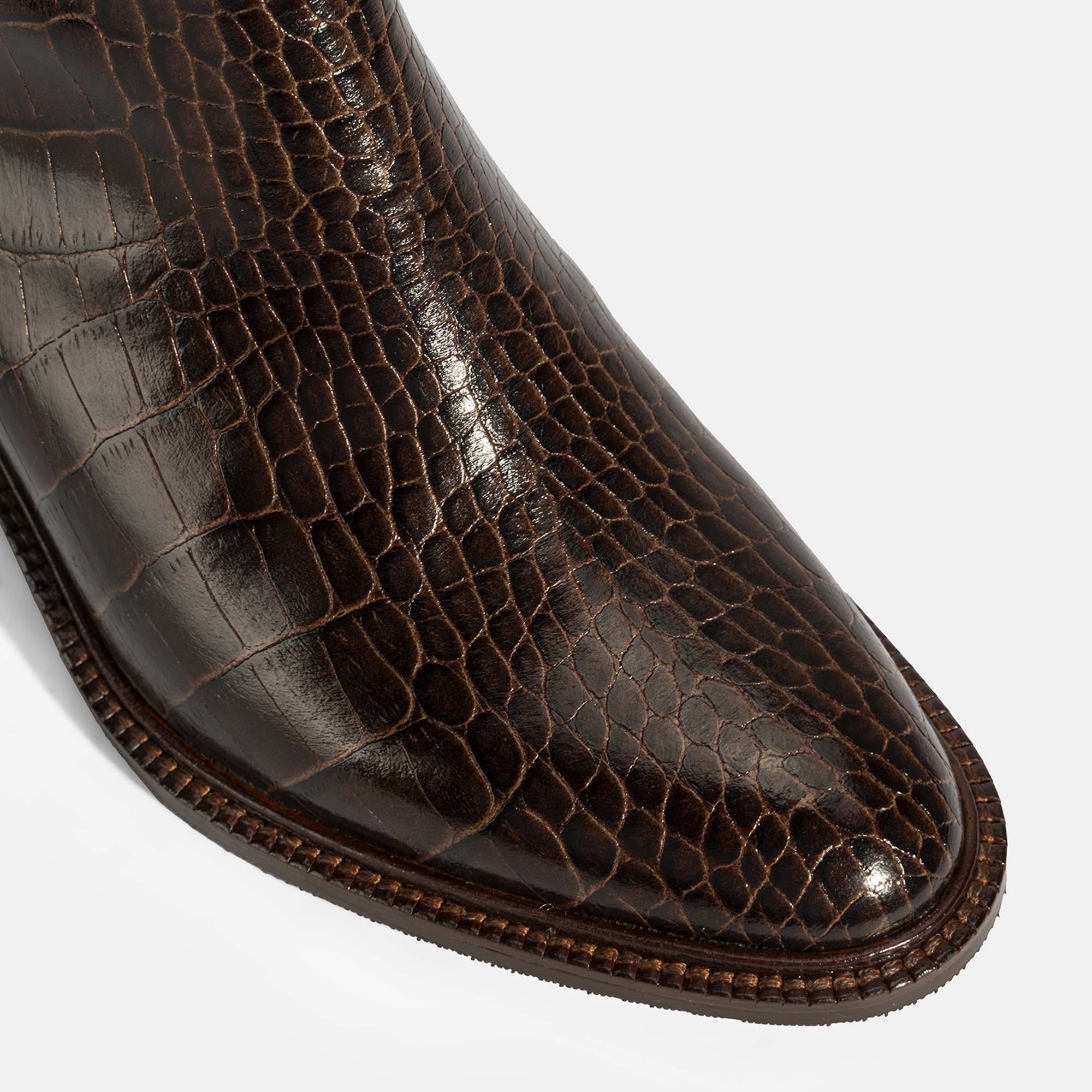 Kadın Kahve Kroko Baskılı Fermuarlı Deri Topuklu Bot