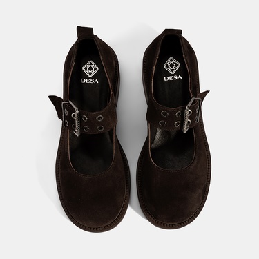  Kadın Kahve Ayarlanabilir Metal Tokalı Mary Jane Süet Ayakkabı