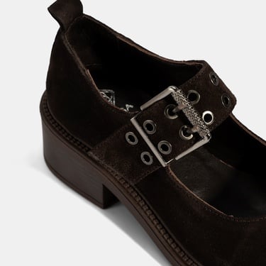  Kadın Kahve Ayarlanabilir Metal Tokalı Mary Jane Süet Ayakkabı