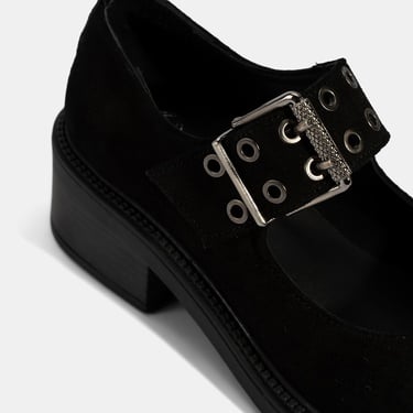  Kadın Siyah Ayarlanabilir Metal Tokalı Mary Jane Süet Ayakkabı