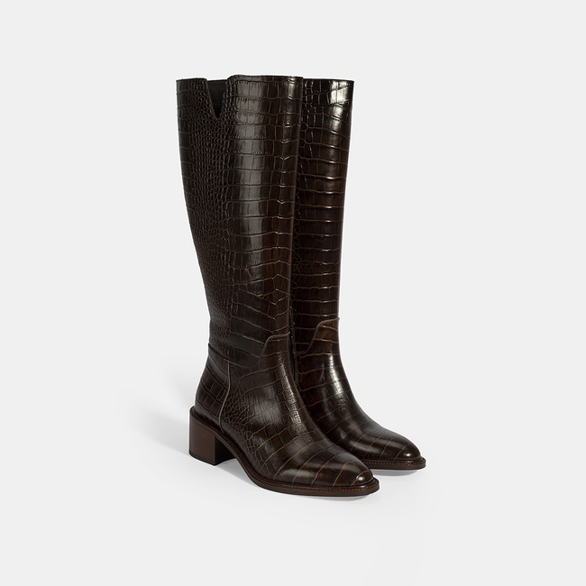  Kadın Kahve Kroko Baskılı Deri Çizme