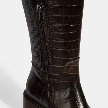  Kadın Kahve Kroko Baskılı Deri Çizme