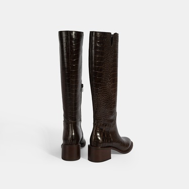  Kadın Kahve Kroko Baskılı Deri Çizme