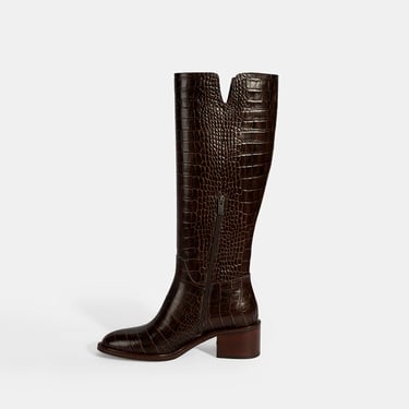  Kadın Kahve Kroko Baskılı Deri Çizme