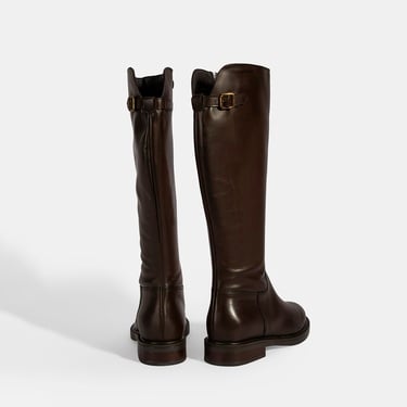  Kadın Kahve Metal Toka Detaylı Deri Çizme