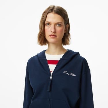  Tommy Hilfiger Script Regular Pique Kadın Fermuarlı Lacivert Hoodie