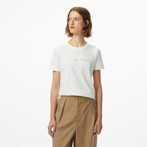 Tommy Hilfiger Lurex Script Regular Kadın Beyaz T-Shirt