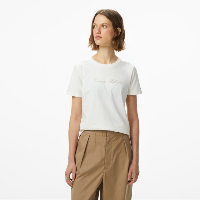  Tommy Hilfiger Lurex Script Regular Kadın Beyaz T-Shirt