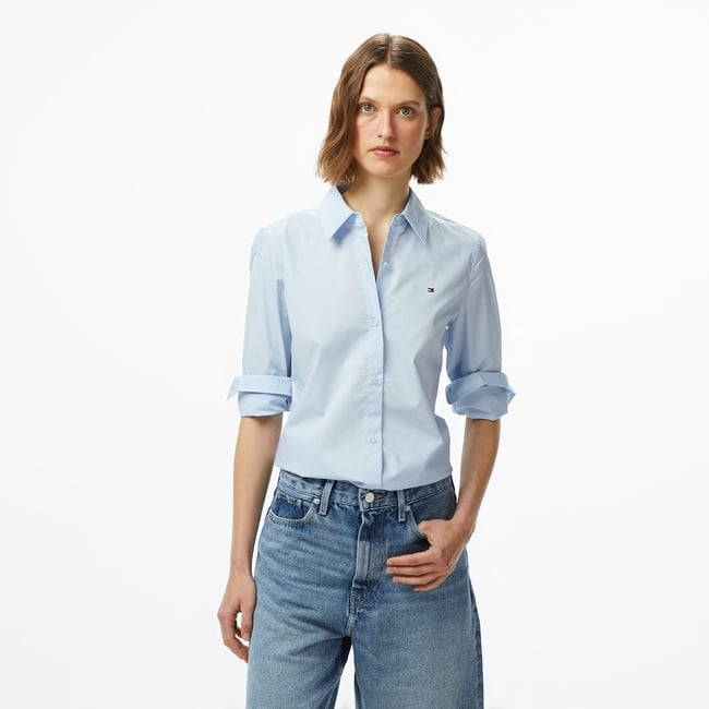  Tommy Hilfiger Essentials Poplin Regular Kadın Mavi Gömlek