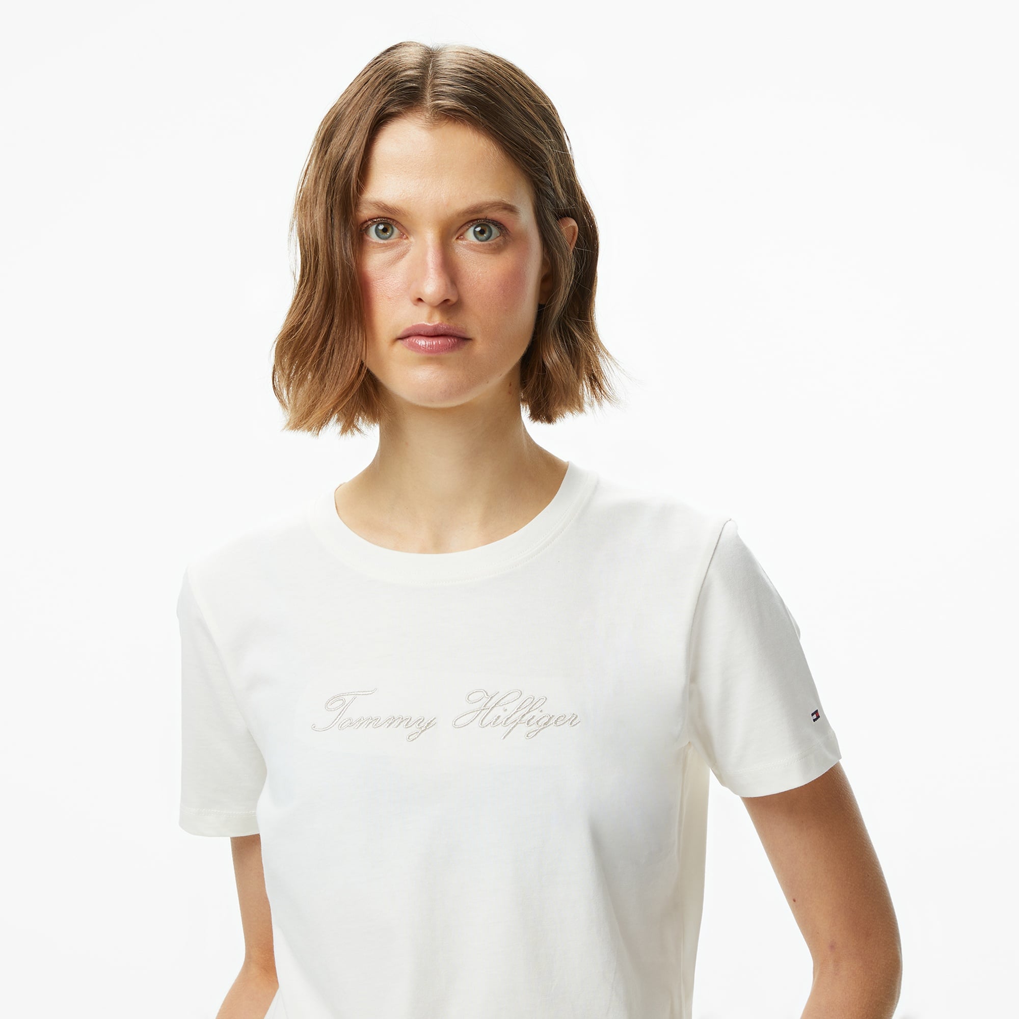 Tommy Hilfiger Lurex Script Regular Kadın Beyaz T-Shirt