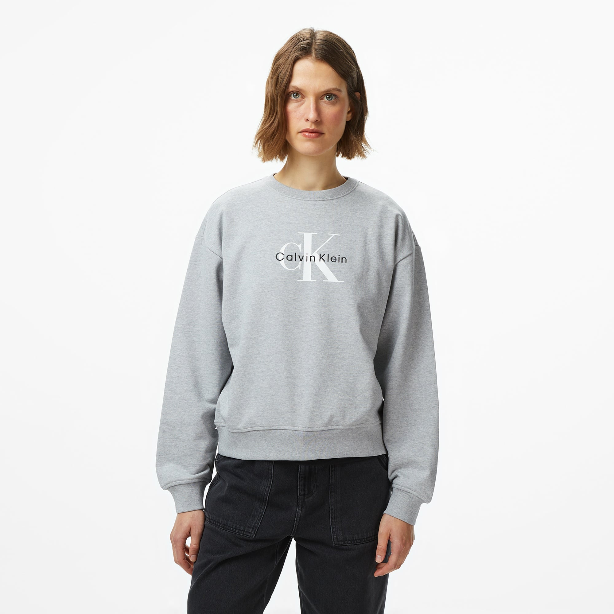 Calvin Klein Monologo French Terry Kadın Gri Sweatshirt