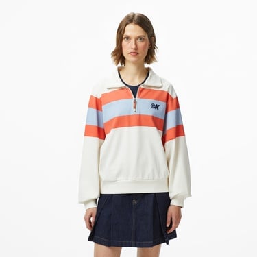  Calvin Klein Rugby Jersey Zip Stripe Kadın Beyaz Sweatshirt