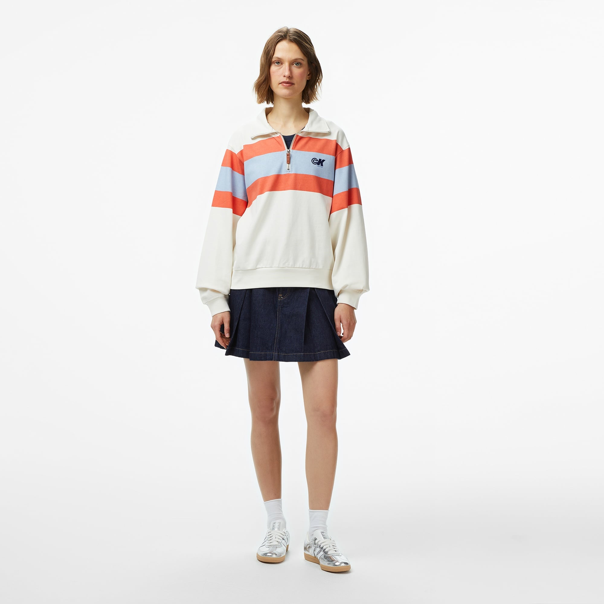 Calvin Klein Rugby Jersey Zip Stripe Kadın Beyaz Sweatshirt