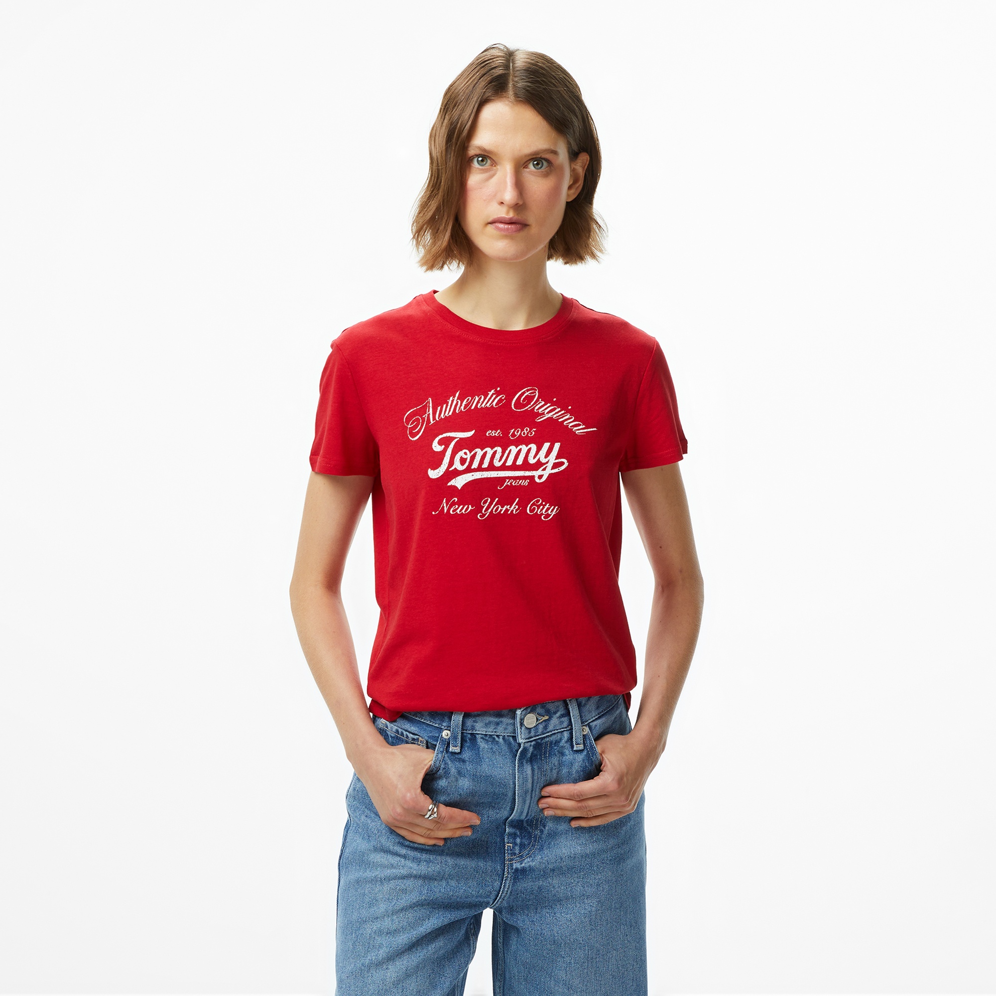 Tommy Hilfiger Essential Logo 1 Kadın Kırmızı T-Shirt