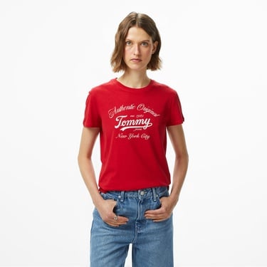  Tommy Hilfiger Essential Logo 1 Kadın Kırmızı T-Shirt