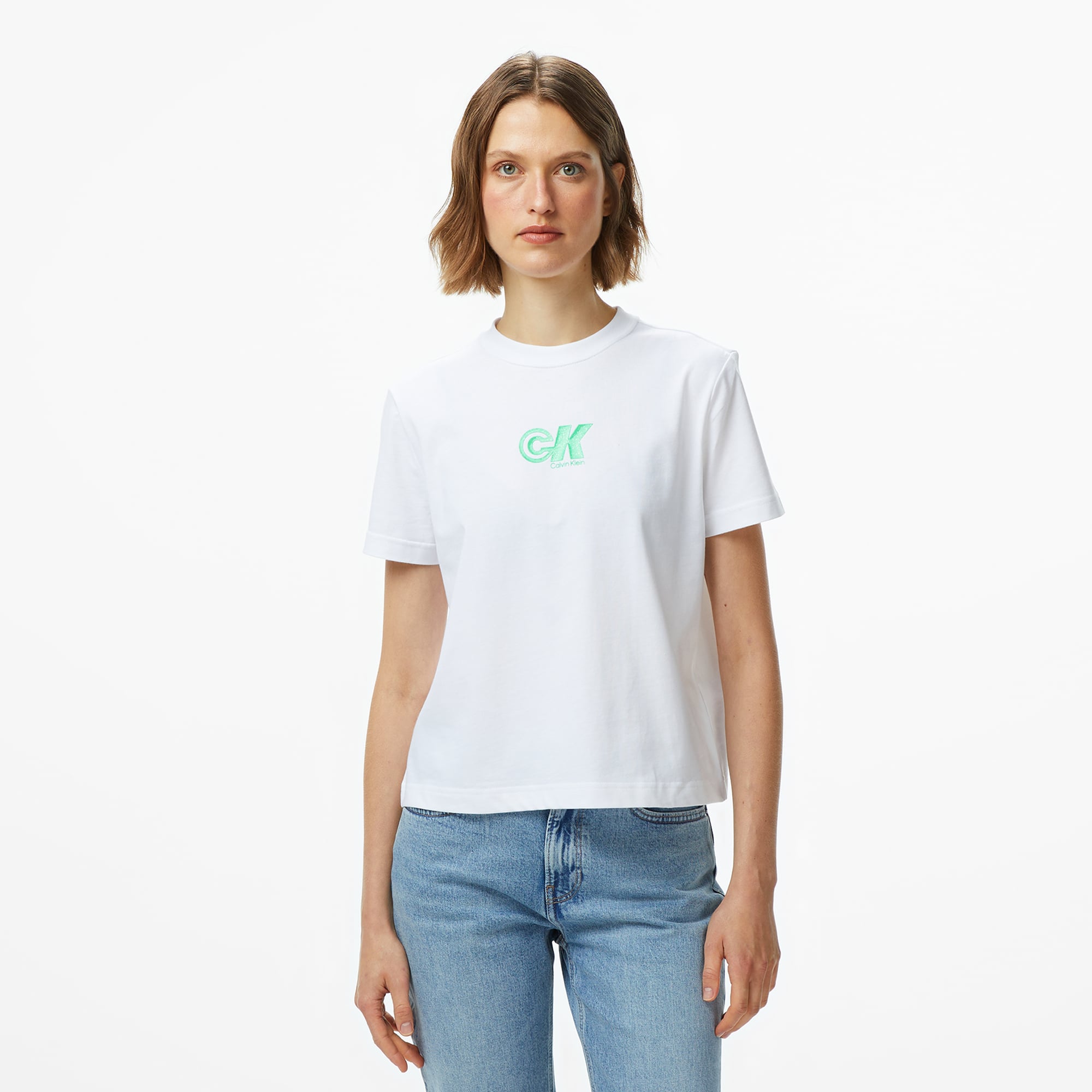  Calvin Klein Archive Logo Jersey Classic Kadın Beyaz T-Shirt