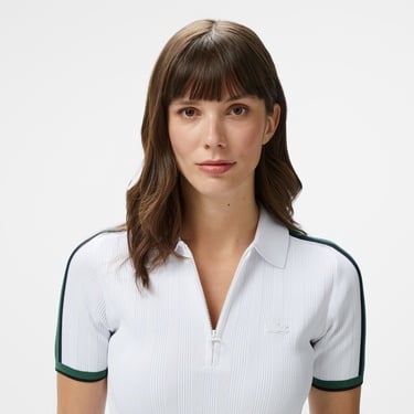  Kadın Slim Fit Kısa Kollu Yarım Fermuarlı Beyaz Triko