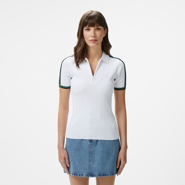  Kadın Slim Fit Kısa Kollu Yarım Fermuarlı Beyaz Triko