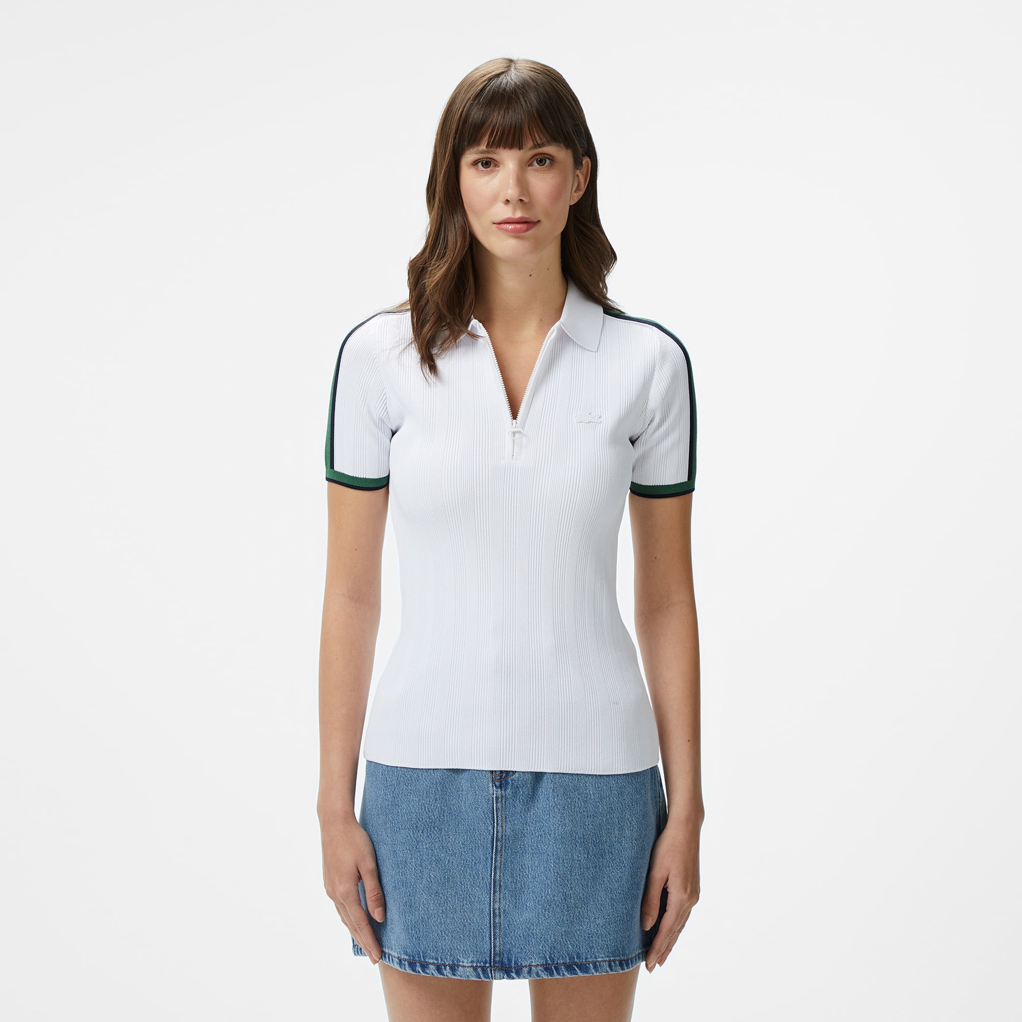  Kadın Slim Fit Kısa Kollu Yarım Fermuarlı Beyaz Triko