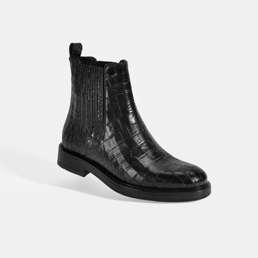  Kadın Siyah Kroko Baskılı Lastikli Deri Bot