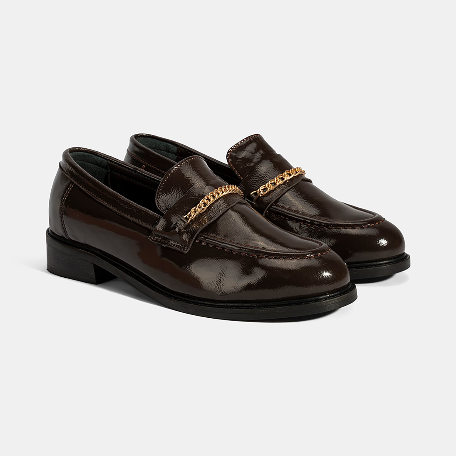  Kadın Kahve Zincir Aksesuarlı Deri Loafer