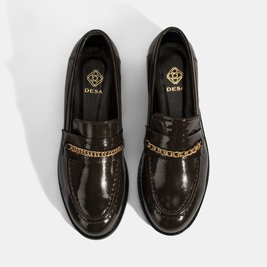  Kadın Kahve Zincir Aksesuarlı Deri Loafer