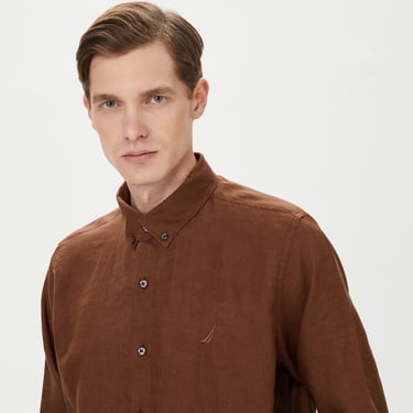  Nautica Erkek Kahverengi Classic Fit Uzun Kollu Keten Gömlek