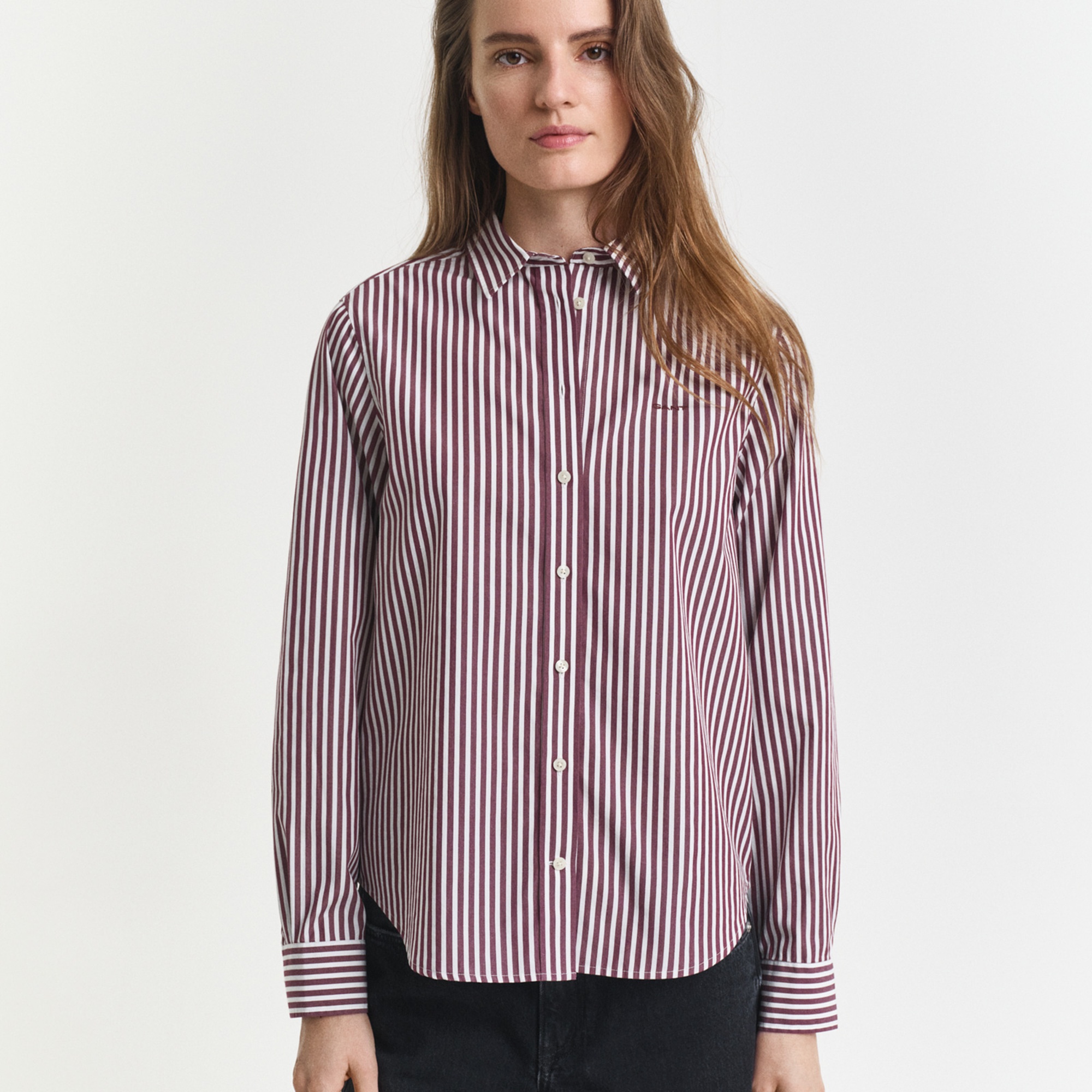 GANT Kadın Bordo Regular Fit Klasik Yaka Çizgili Gömlek