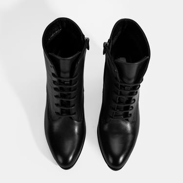  Kadın Siyah Bağcıklı Kalın Topuklu Deri Bot