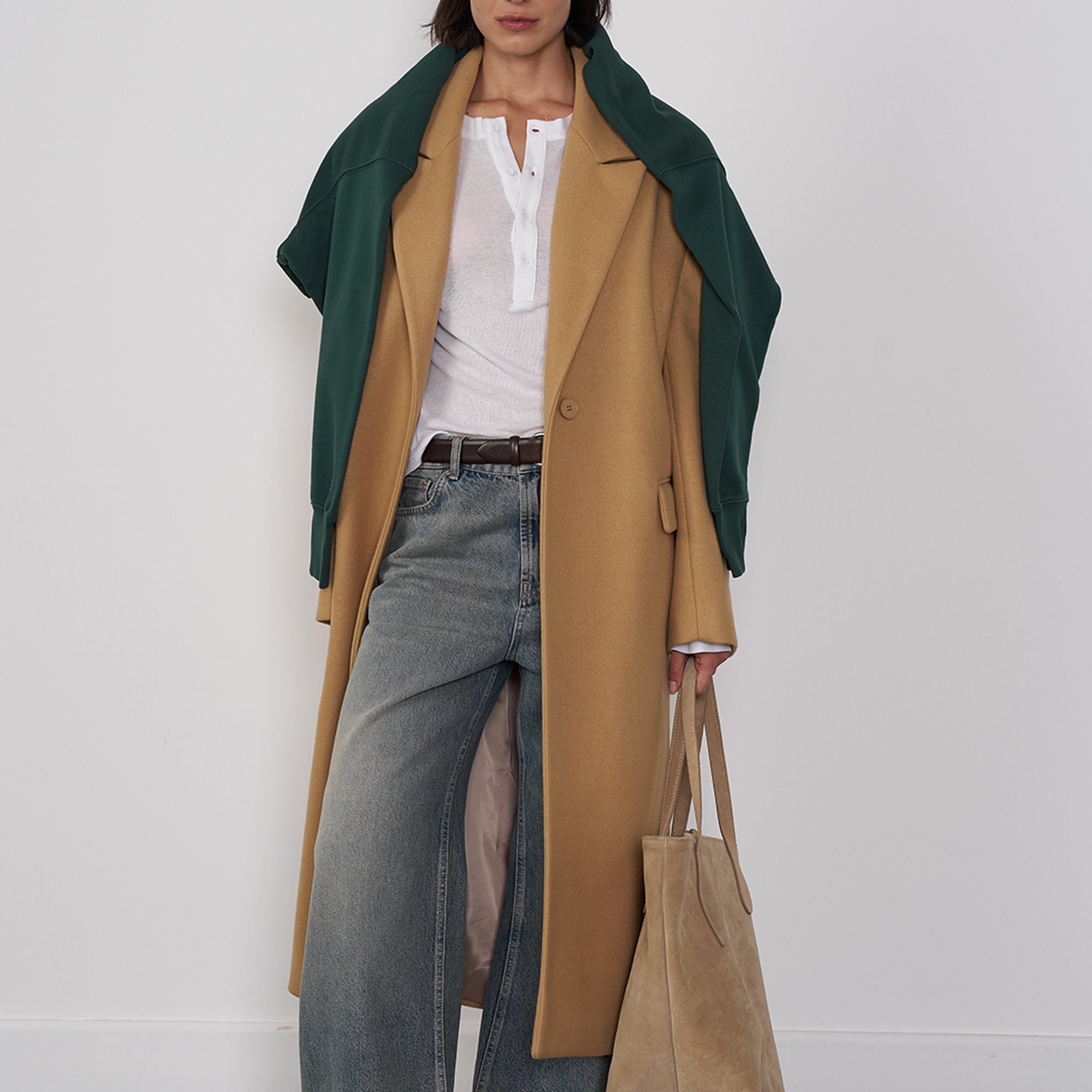 Oversize Yün Karışımlı Kaşe Kaban