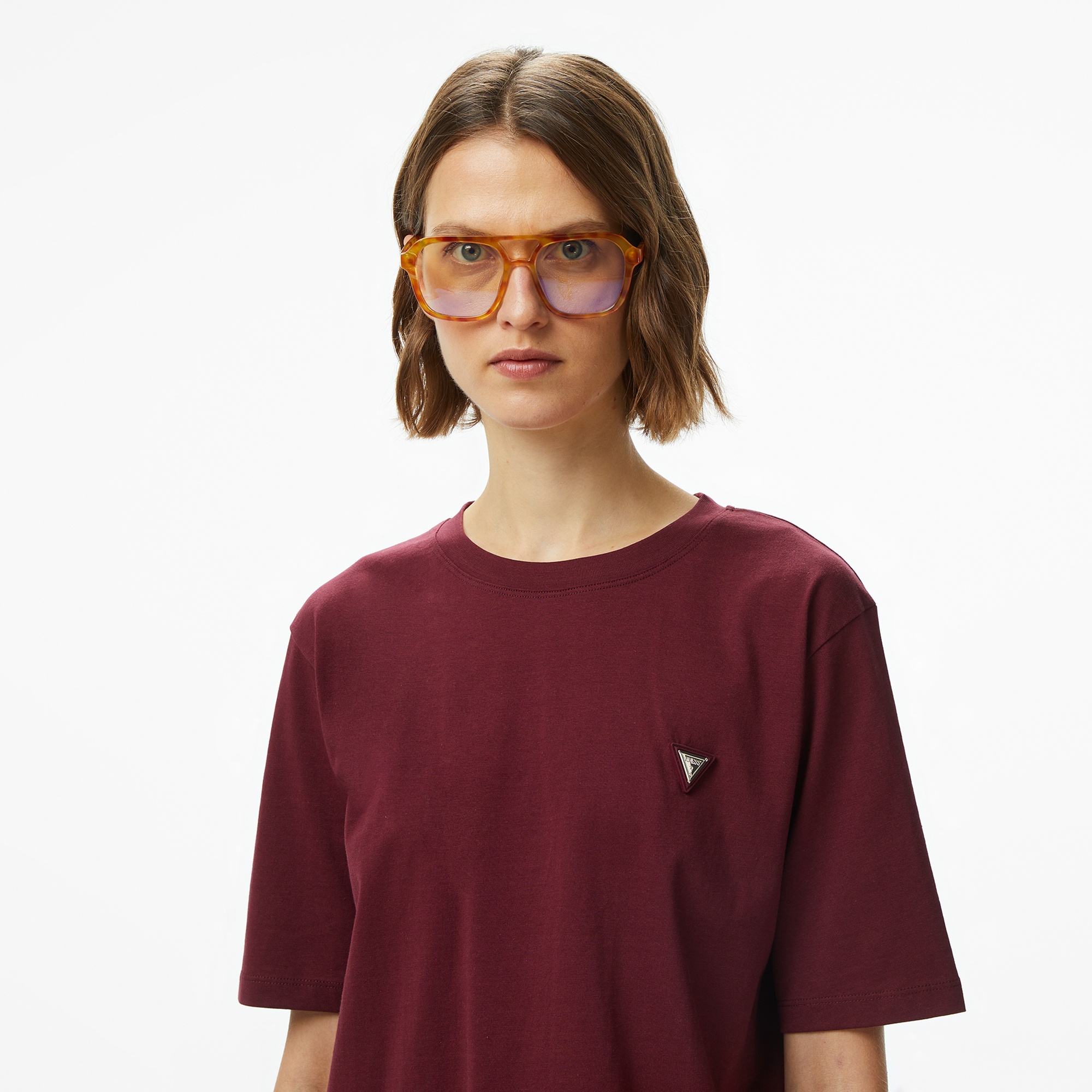 Guess Colette Boxy Fit Kadın Bordo T-Shirt