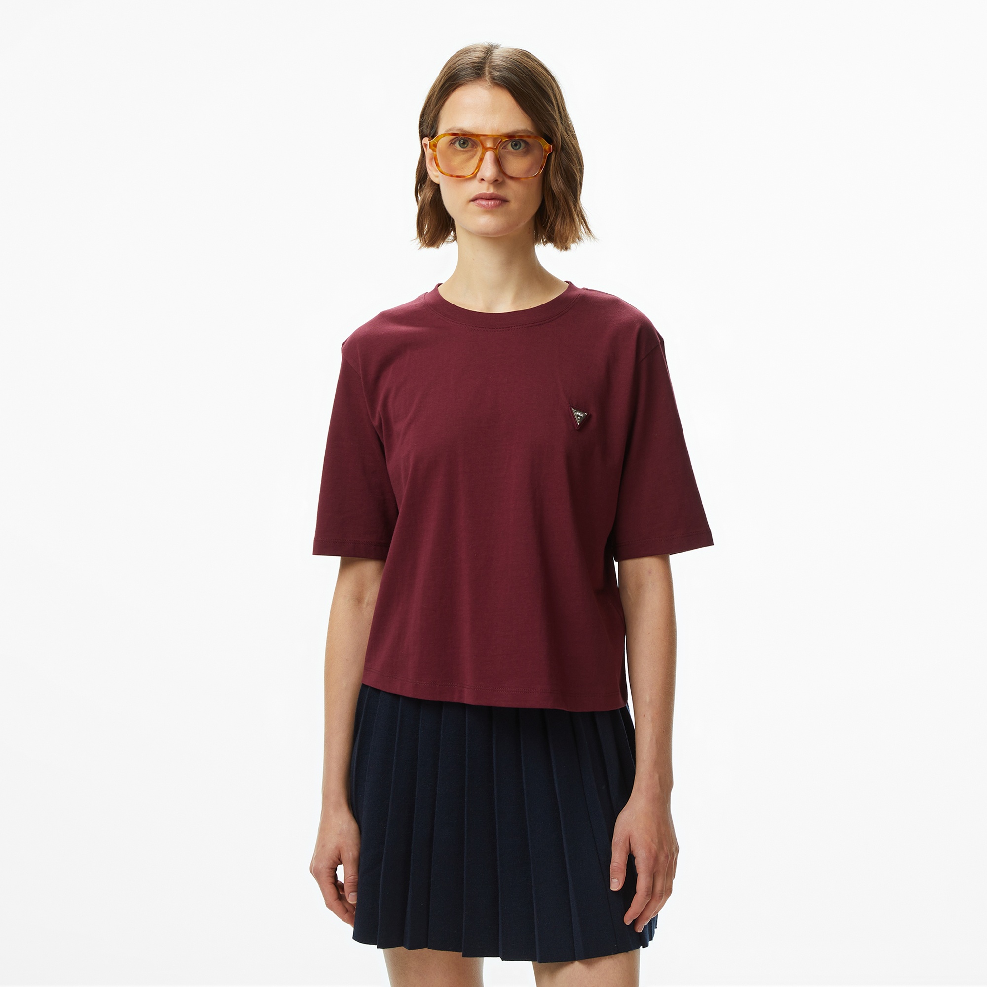 Guess Colette Boxy Fit Kadın Bordo T-Shirt