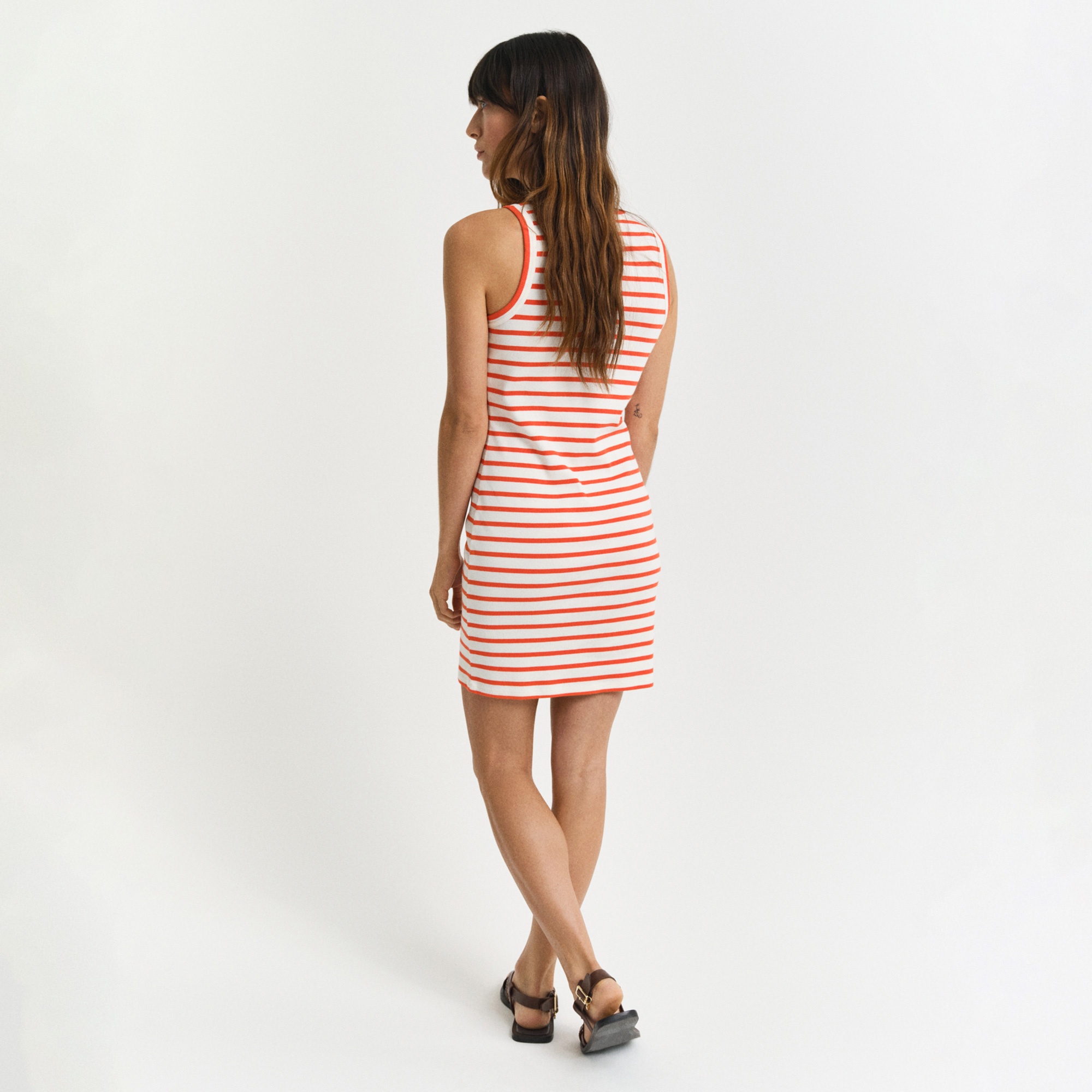 GANT Kadın Turuncu Slim Fit Bisiklet Yaka Çizgili Elbise