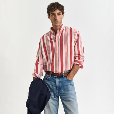  GANT Erkek Kırmızı Relaxed Fit Düğmeli Yaka Çizgili Gömlek
