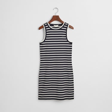  GANT Kadın Lacivert Slim Fit Bisiklet Yaka Çizgili Elbise