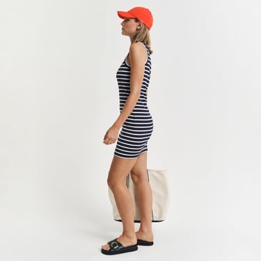  GANT Kadın Lacivert Slim Fit Bisiklet Yaka Çizgili Elbise