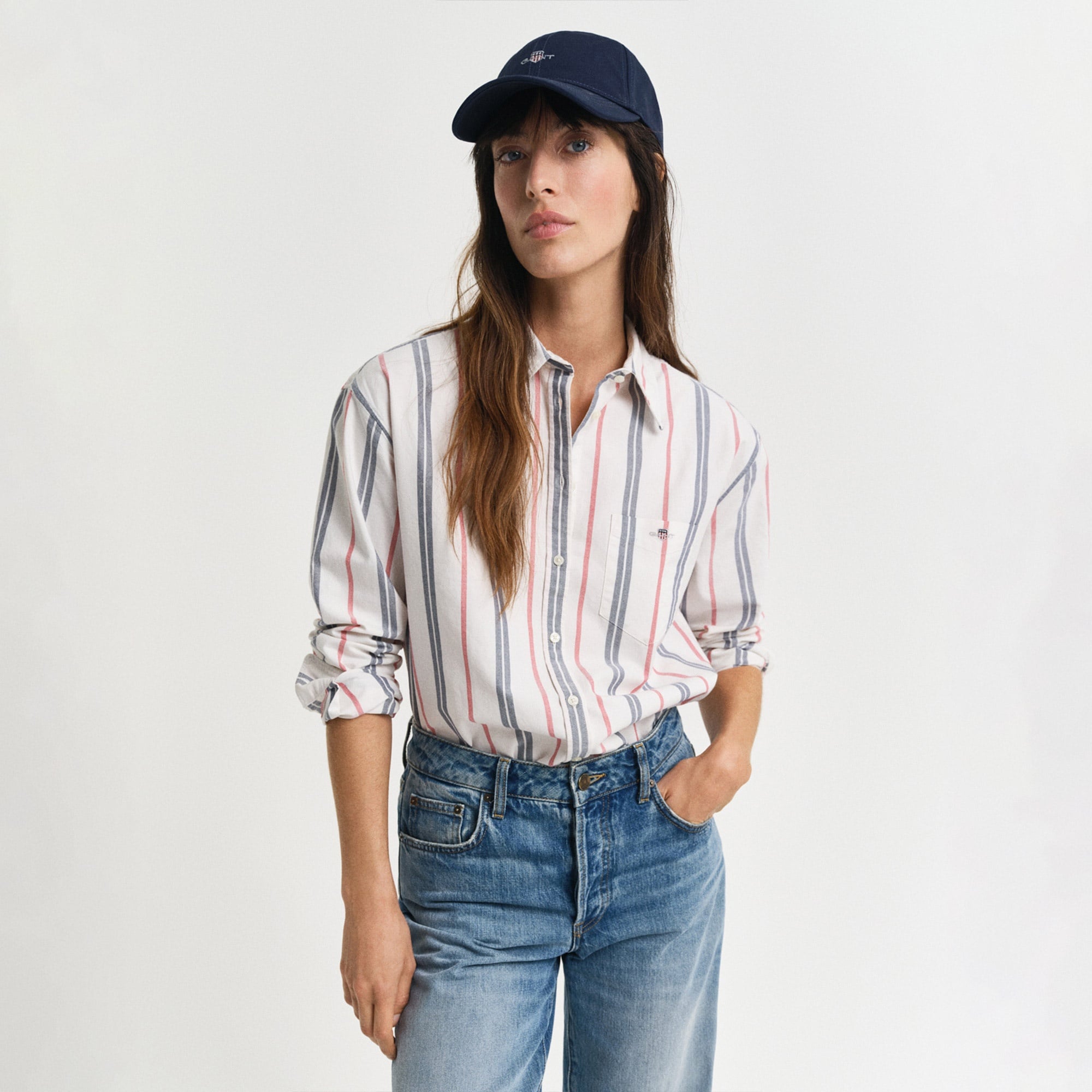 GANT Kadın Krem Relaxed Fit Klasik Yaka Çizgili Gömlek