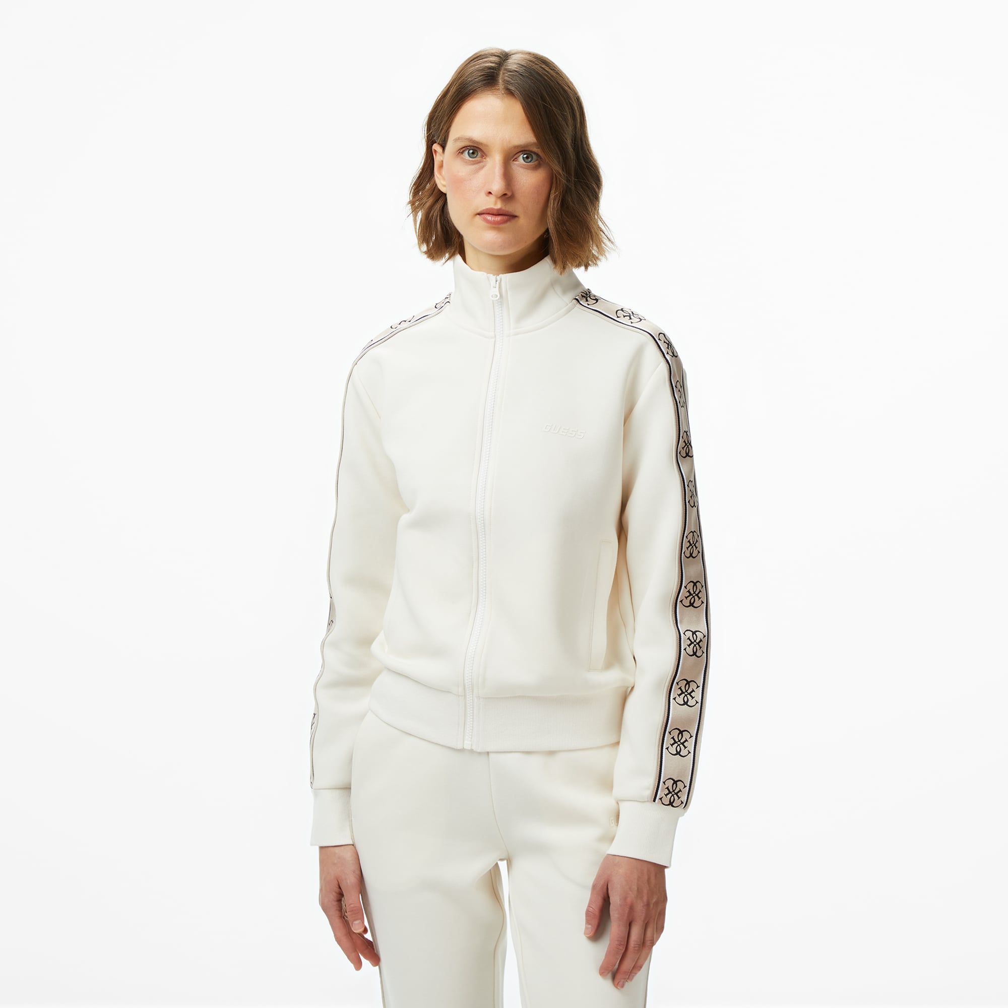  Guess Britney Full Zip Punto Milano 300 Kadın Krem Rengi Sweatshirt