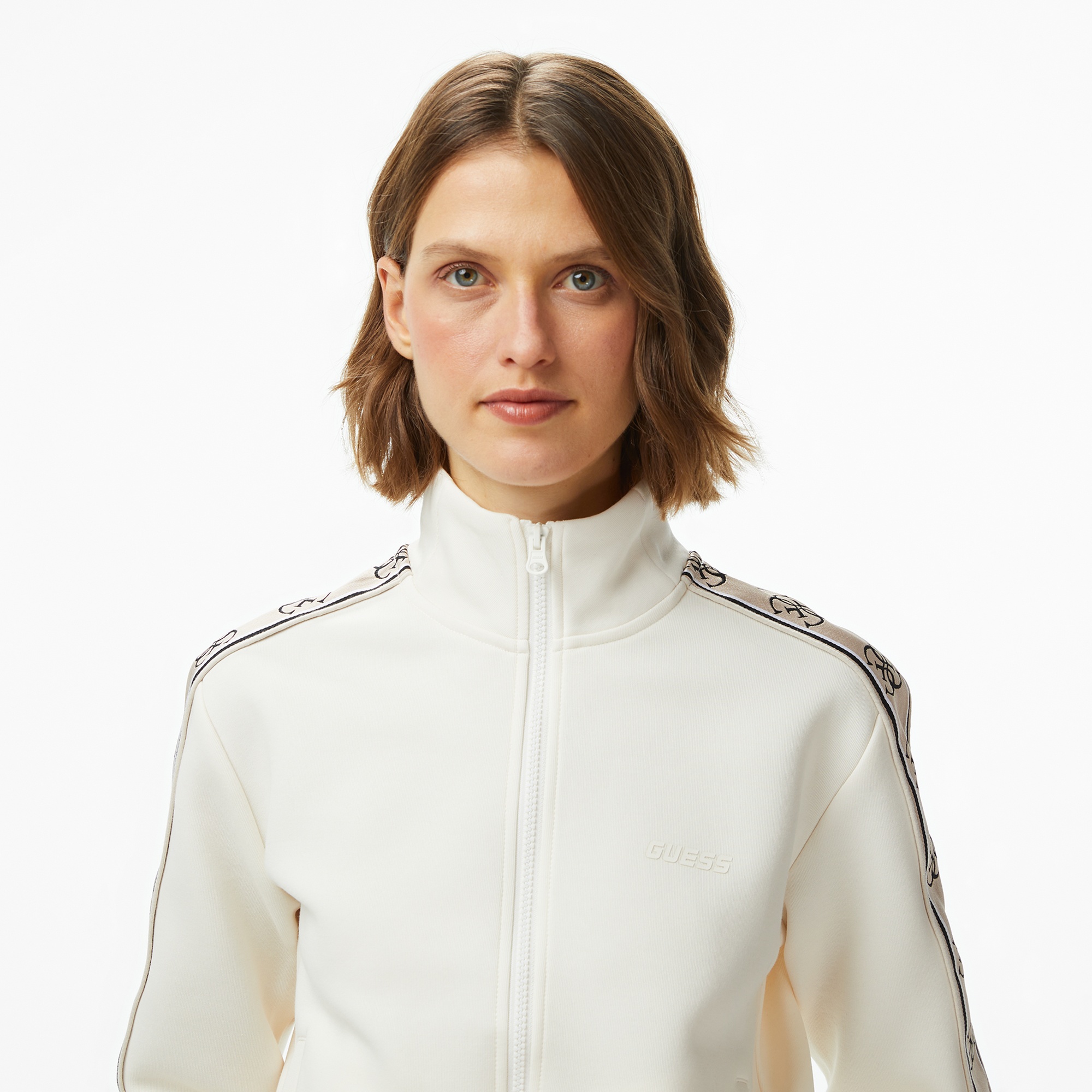 Guess Britney Full Zip Punto Milano 300 Kadın Krem Rengi Sweatshirt