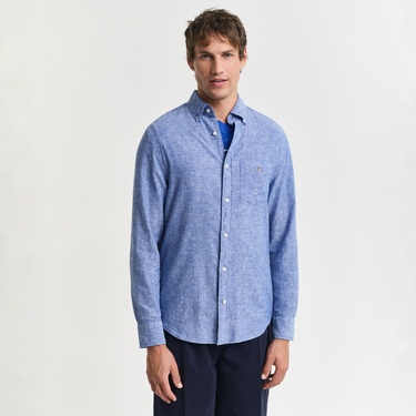  GANT Erkek Lacivert Regular Fit Düğmeli Yaka Keten Gömlek