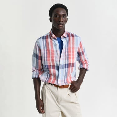  GANT Erkek Kırmızı Regular Fit Düğmeli Yaka Kareli Keten Gömlek