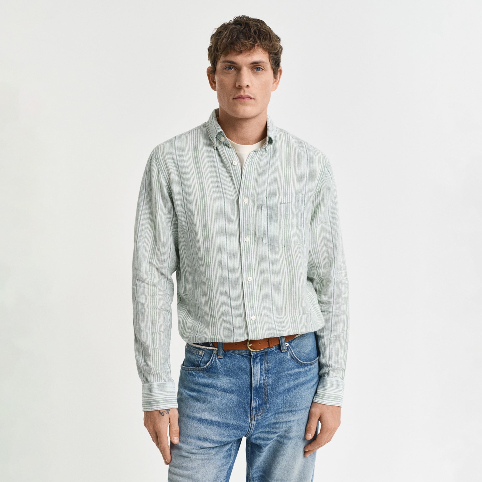 GANT Erkek Yeşil Regular Fit Düğmeli Yaka Çizgili Gömlek