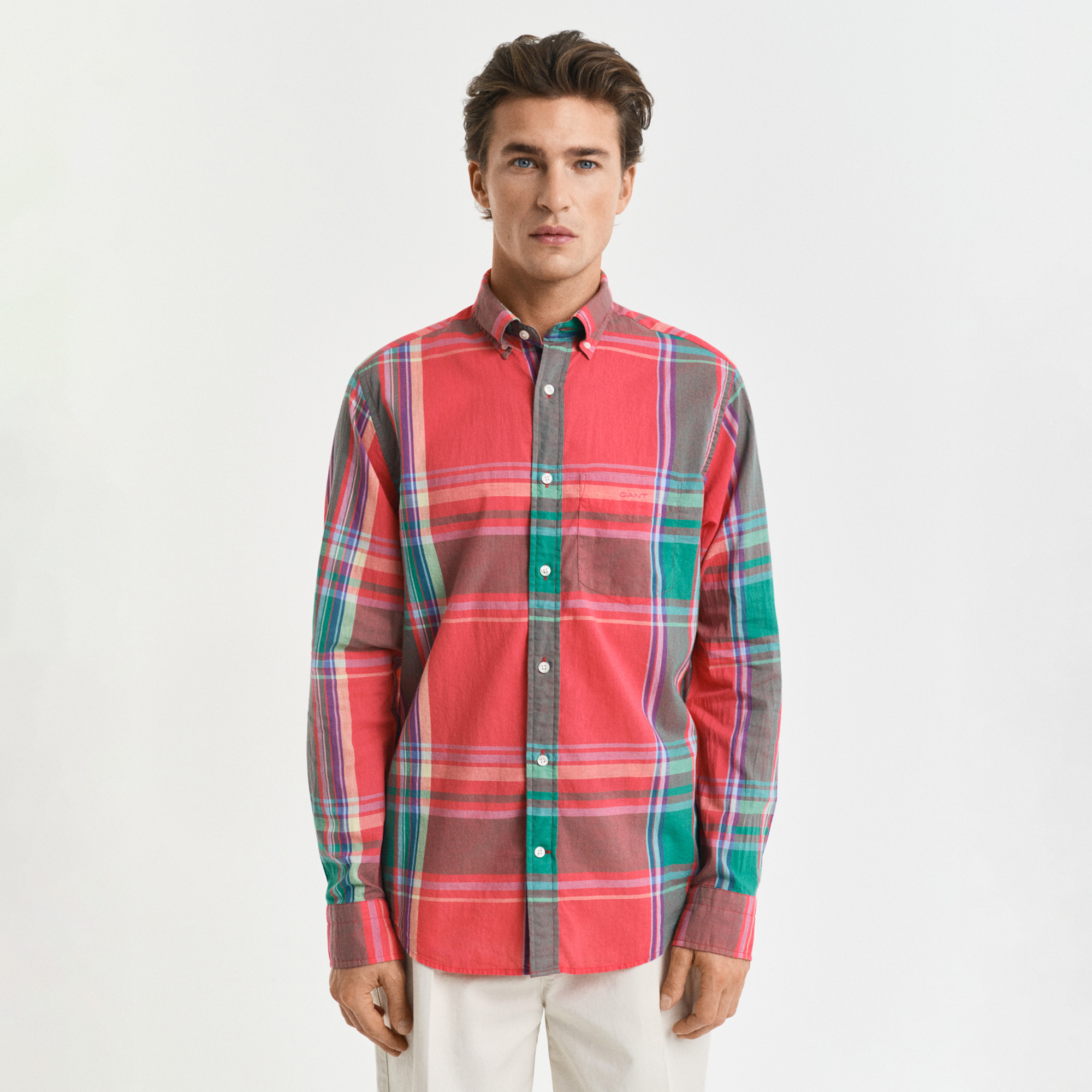  GANT Erkek Kırmızı Regular Fit Düğmeli Yaka Kareli Gömlek