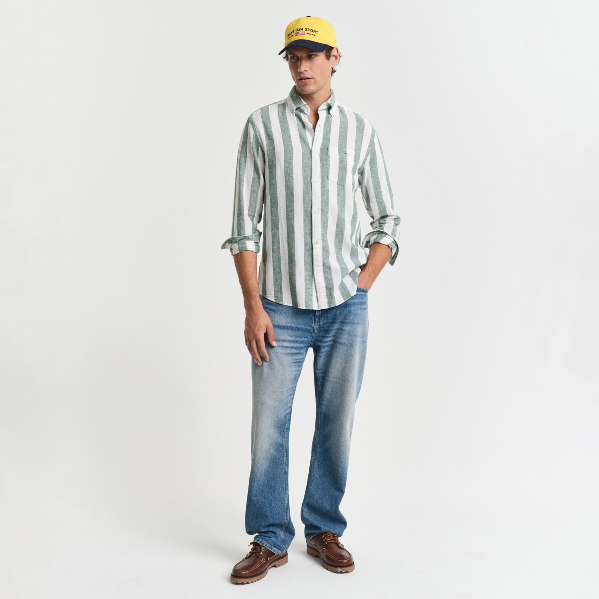GANT Erkek Yeşil Regular Fit Düğmeli Yaka Çizgili Gömlek
